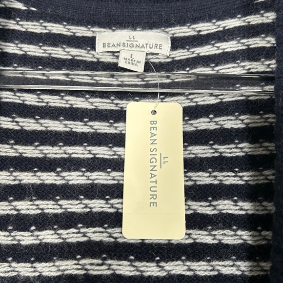 LL Bean women size L signature wool blend long cardigan navy white belted NEW - Picture 12 of 15